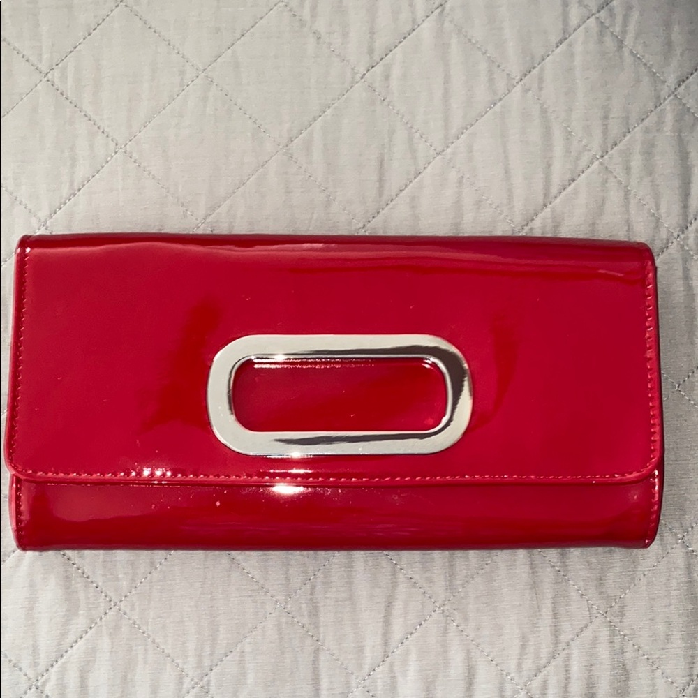 Aldo red patent leather clutch with chain